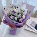 Handmade crochet flower bouquet knitted rose gift for women mothers day birthday romantic present - 11 Puff Flowers and Rose Bouquet in Purple