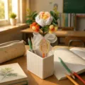 Handcrafted crochet flower pen set with ceramic holder desk decor perfect teacher gift - Orange White Peony Heart (With Card & Bag) / 0.5mm