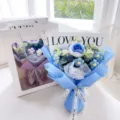 Handmade crochet blue rose flower bouquet with gift bag romantic gift for valentine day - 11 Puff Flowers and 1 Rose Bouquet in Blue