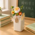 Handmade crochet knitted flower pen sunflower rose bouquet gift for teachers desk decor - Orange White Peony Heart