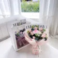 Handmade knitted rose flower bouquet gift for mother day and valentine birthday party - 11 Puff Flowers and 1 Rose Bouquet in Pink