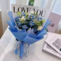 Handmade crochet flower bouquet gift for women, romantic knitted roses for special occasions. - 11 Puff Flowers Bouquet in Blue