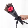 Single red soap rose bouquet wrapped in black paper with ribbon gift for teacher and Valentine. - Single Stem 5-Layer Flower - Red with Black Base