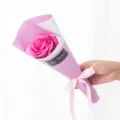 Single Rose Soap Flower Bouquet with Purple Wrapping Paper and Cute Pink Ribbon Gift - Single Stem 5-Layer Flower - Rose Red