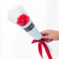 Single Red Soap Rose Flower Bouquet with Gift Packaging and Ribbon for Teacher Day Gift - 5-Layer Flower - Red with Blue Base