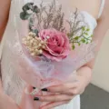 Pink Artificial Rose Flower Bouquet Gift with Lace Wrapping Paper, Valentine's Day Variant - Petal Lace OPP Single 5-Layer Bouquet in Red Bean Paste