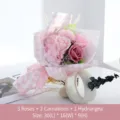 Elegant pink soap flower bouquet featuring roses and carnations in checkered wrapping paper - 3 Roses and 2 Carnations (XH-039)
