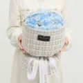 Handheld blue soap rose bouquet in tweed gift box, elegant teacher's day gift for women. - Ice Blue