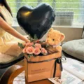 Plush bear rose gift box with black heart balloon, perfect romantic present for valentine's day. - 11 Cappuccino Roses Gift Bag Set with Black Balloon