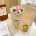 Handmade crochet sunflower bouquet with tweed wrapping gift for valentine teacher day. - Chanel Style Rose with English Card and Handbag / Pink