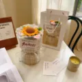 Handmade crochet sunflower bouquet gift, perfect knitted flower present for teachers and loved ones. - Chanel Style Sunflower with Teacher Card and Handbag / Pink