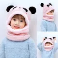 Kids pink fleece panda hat and scarf all-in-one winter warm cute plush hood for children. - Size S (3-8 Years) / Pink WHYU-69