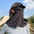 Full face sun protection mask with brim and neck flap for summer outdoor UV blocking. - Black