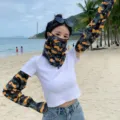 Unisex camouflage sun protection set with arm sleeves and hanging ear face mask - WHSP121C-camouflage yellow green