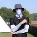 Men summer ice silk sun protection sleeves hat and face mask set in grey camo variant. - Climber