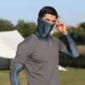 Men's UV protection sun sleeves and face mask set, breathable ice silk blue wave pattern for outdoor riding. - Dreamy Space