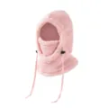 Vue détaillée d'une cagoule rose en peluche avec masque et capuche intégrés - S (3-10 Ans) / Rose