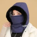 Chapeau d'hiver chaud et coupe-vent avec cagoule et écharpe en peluche pour cyclisme - Bleu Marine