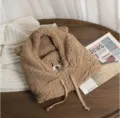 Warm brown teddy bear fleece hooded scarf for winter protection - Khaki