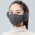 Close-up detail of grey fleece 2-in-1 winter face mask with earmuffs worn by model - Integrated Style (WHHT531-C) / Dark Gray