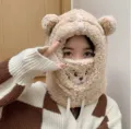 Beige plush bear balaclava winter mask for women with warm fleece lining - Beige
