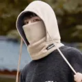 Cagoule polaire d'hiver chaude masque facial à capuche coupe-vent pour cyclisme en plein air - Kaki