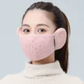 Close-up of pink 2-in-1 fleece warm mask with integrated earmuffs for winter protection. - Integrated Style (WHHT531-B) / Pink