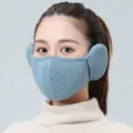 Close-up of blue fleece-lined 2-in-1 mask and earmuffs for windproof winter protection. - Teal