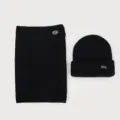 Two-piece black ribbed knit beanie and neck warmer set for winter outdoor warmth - Set / Black