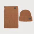 Warm winter knitted beanie and neck warmer set in brown ribbed fabric with logo - Set / Brown