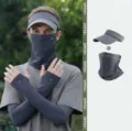 Ensemble de protection solaire UPF50+ en soie glacée grise avec chapeau, masque et manches - Ensemble 2 Pièces (Bonnet + Masque Facial) / Gris foncé