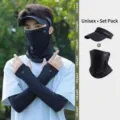 Hochwertiges schwarzes UPF50+ Sonnenschutzset mit Visier, Gesichtsmaske und Ärmeln - 2-Teiliges Set (Mütze + Gesichtsmaske) / Schwarz
