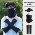 Schwarzes Sonnenschutz-Set mit UV-Visier, Gesichtsmaske und kühlenden Armschützern aus Eisseide - 3-Teiliges Set (Hut+Maske+Ärmel) / Schwarz