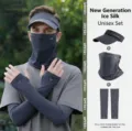 UPF50+ Eisseide Sonnenschutz Set mit Visier, Gesichtsmaske und Armstulpen in Grau - 3-Teiliges Set (Hut+Maske+Ärmel) / Dunkelgrau