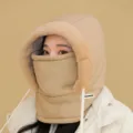 Khaki winter thickened windproof warm plush hooded scarf integrated bomber hat for cold weather - Khaki