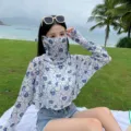 Châle anti-uv en soie glacée avec visage couvert, imprimé cœur bleu, protection respirante. - Hauts / Cœur Bleu