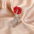 Elegant red enamel lip and shhh gesture hand brooch with sparkling clear crystals - Lip-Silver