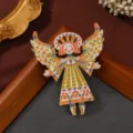 Vintage angel girl brooch with colorful enamel wings and intricate mosaic dress design - Orange