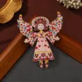 Vintage alloy painted angel girl brooch with colorful wings and artistic mosaic pattern - Pink