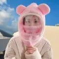 Cute pink teddy fleece winter hat with bear ears and integrated protective face shield. - Adult Style with Mask (WHHT539-A) / Korean Pink