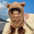 Adorable brown plush winter hood featuring bear ears and integrated transparent face shield - Adult Style with Mask (WHHT539-B) / Coffee