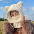 Cute white plush bear ear hood with clear anti-fog face shield and warm neck guard - Adult Style with Mask (WHHT539-C) / Cream