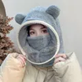 Cute grey sherpa fleece hooded hat with bear ears and integrated anti-fog face shield mask - Adult Style with Mask (WHHT539-D)