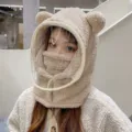 Cute khaki bear ear fleece hat with anti-fog face shield for winter outdoor warmth. - Adult Style with Mask (WHHT539-E)