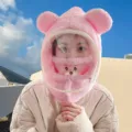 Pink winter fleece hat with bear ears and integrated clear face shield for cycling - Adult Style with Bear Embroidery Mask (WHHT539-F) / Korean Pink
