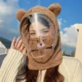 Cute brown fuzzy bear ear hood with anti-fog face shield and warm fleece lining - Adult Style with Bear Embroidery Mask (WHHT539-G)