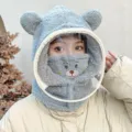 Cute blue bear ear plush hooded hat with anti-fog face shield and warm fleece lining - Adult Style with Bear Embroidery Mask (WHHT539-H)