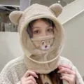 Cute plush bear ear hooded hat with anti-fog face shield and neck warmer in beige - Adult Style with Bear Embroidery Mask (WHHT539-I)