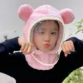 Pink plush winter hat for girls with bear ears and detachable clear face shield. - Kids Style without Mask (WHHT539-J)