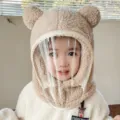 Beige baby fleece bear ear hat with detachable clear windproof face shield - Kids Style without Mask (WHHT539-M)